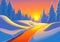 Illustration of Snow-Covered Trees Basking in a Warm Orange-Red Glow with a Serene River