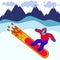 Illustration of a snowboarder in mask among mountains in sportswear on a burning board, winter sport