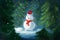 Illustration of a snowman in the winter forest during a snowfall. Magical bright Christmas winter illustration. Coniferous forest