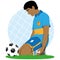 Illustration of soccer player sad afro descendant knee in front of a ball, defeated, eliminated, lose