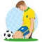 Illustration of soccer player sad Brazil knee in front of a ball, defeated, eliminated, lose