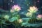 illustration, some bright lotus flowers and green background,ai generative