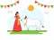 Illustration Of South Indian Young Woman Worship The Bull Animal With Surya Sun, Bunting Flags Decorated Background And Copy