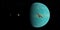 Illustration of a spaceship flying from a blue planet with two moons in the depths of space