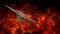 Illustration of a spaceship flying through a bright red nebula in the depths of space