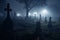 illustration of a spooky graveyard at night, with eerie fog creeping over the tombstones Halloween