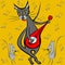 Illustration on a square background - a cat with a guitar and dancing mice - graphics. Party, fun, dancing, music