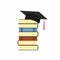 Illustration of a stack of books and a hat of the graduate isolated on white background.
