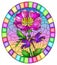 Illustration in stained glass st a beautiful pink flower and a bright purple dragonfly against the sky, oval image in bright frame