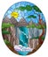 Illustration in stained glass style with  landscape ,the tree on the background of a waterfall, mountains, sun and sky, oval image