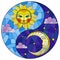 Illustration in the stained glass style with the sun and moon in the shape of the Yin yang sign, round image