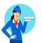 Illustration of stewardess dressed in blue uniform carrying a tray with cups in hand.