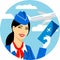 Illustration of stewardess dressed in blue uniform with a ticket in hand