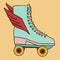 Illustration of a sticker from the 1970s set. Roller skate with wings. Bright memorable design.