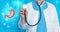 Illustration of stomach and mature doctor with stethoscope on light blue background, closeup. Banner design