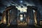 illustration, Stonehenge at night with spectacular lighting, generative ai