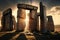 Illustration Stonehenge with sunset prehistoric monument AI generated