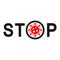 Illustration of a stop sign hand with the image of a virus with text on a white background