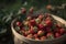 illustration, strawberries in a bowl on a wooden table, ai generative