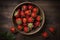 illustration, strawberries in a bowl on a wooden table, ai generative