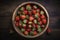 illustration, strawberries in a bowl on a wooden table, ai generative