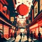 Illustration of a street in the old town of Tokyo, Japan generative AI