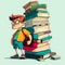 Illustration of student standing next to the piles of books.