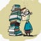 Illustration of student standing next to the piles of books.