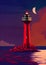 Illustration of a Stunning Red Lighthouse on a Rocky Cliff in a Coastal Night Scene with a Full Moon