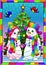 Illustration in the style of stained glass with a pair of cute cartoon snowmen on the background of a Christmas tree, a rectangula