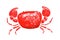 Illustration of a stylized crab drawn in red watercolor, isolated on a white background.. The design of seafood.. Edible