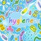 Illustration on the subject of hygiene, bacteria, viruses and germs on a blue substrate