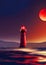 Illustration of a Sublime Red Lighthouse on a Rocky Cliff in a Full Moon Coastal Night Scene