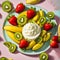 Illustration of a summer fruit plate of kiwi, strawberries and bananas