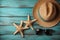 Illustration for summer vacation of a Hat, glasses, and starfish on a blue wooden background, in the style of serene seascapes.