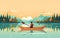 illustration of summer water sports kayaking in a quiet river Surrounded by lush greenery. AI Generative