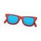 Illustration of sunglasses with red plastic rimmed and blue lenses