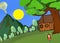 Illustration Of Sunrise, Mountain Side Small House And Tree, Children Standing, on Landscapes Background.