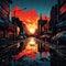 Illustration of sunset on a city sidewalk with raw and emotional imagery