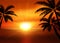 Illustration of sunset view in beach with palm tree. Tropical landscape