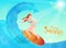 Illustration of surfer woman diving water on sunshine background for Enjoy Summer concept.