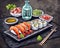 illustration of a sushi platter with shrimps and avocado