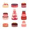 Illustration of sweet baked isolated cakes set. Strawberry icing cake for holiday, cupcake, brown chocolate gourmet