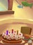 Illustration: Sweet Dinner Room; Table with food. Birthday Cake. Drumstick. Ice cream.
