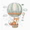 illustration of a sweet fox in a hot air ballon with soft muted colors floating in the clouds.