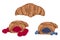 Illustration with sweet pastries. Croissant top view. Croissant with blueberries. Croissant with raspberries