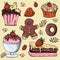 Illustration of sweet pastries, cupcake cakes, gingerbread man