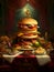 Illustration - a table full of food starring a hamburger