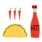 Illustration of taco, bottle of hot sauce and three chili peppers.