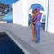 Illustration of a tall pink skin alien wearing a blue bikini holding a woman in a friendly embrace next to a swimming pool at a